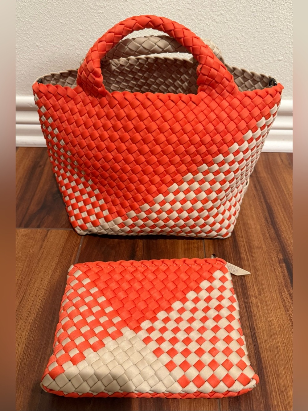 Naghedi St. Barths Small Woven Neoprene Tote Bag + Pouch Orange Beige